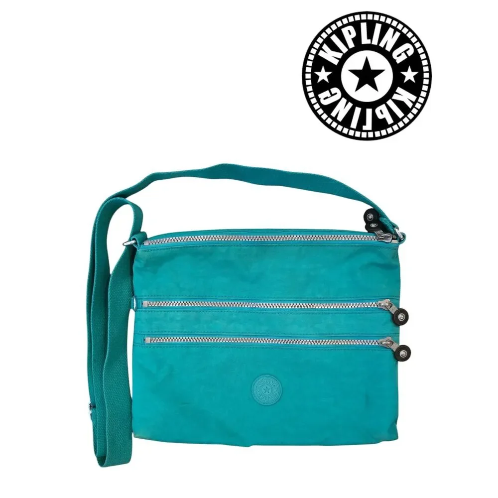 Kipling Alvar Crossbody Bag Turquoise Nylon Travel Purse Multi Zip GUC